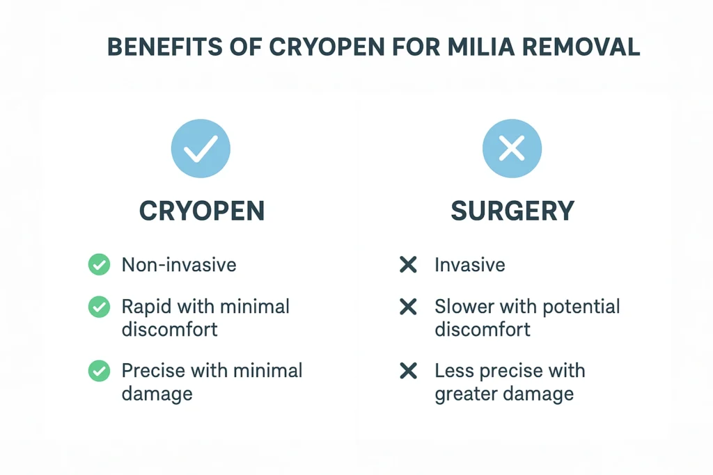 Benefits of cryopen for milia removal Peterborough compared to surgical treatments.