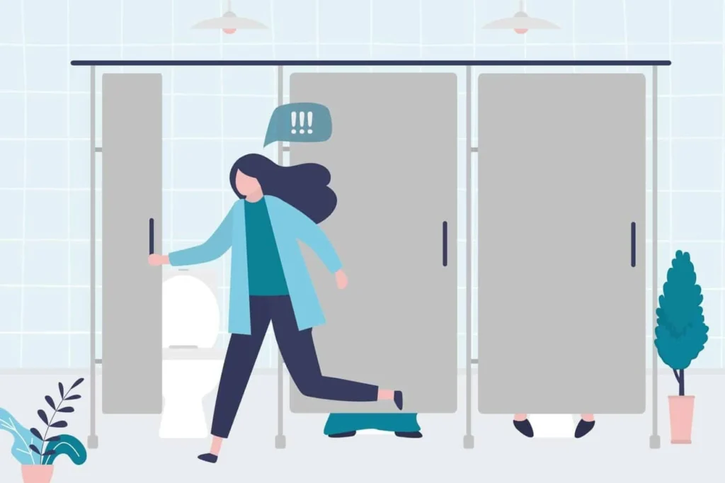 graphic of Urine incontinence Peterborough woman running to the toilet.
