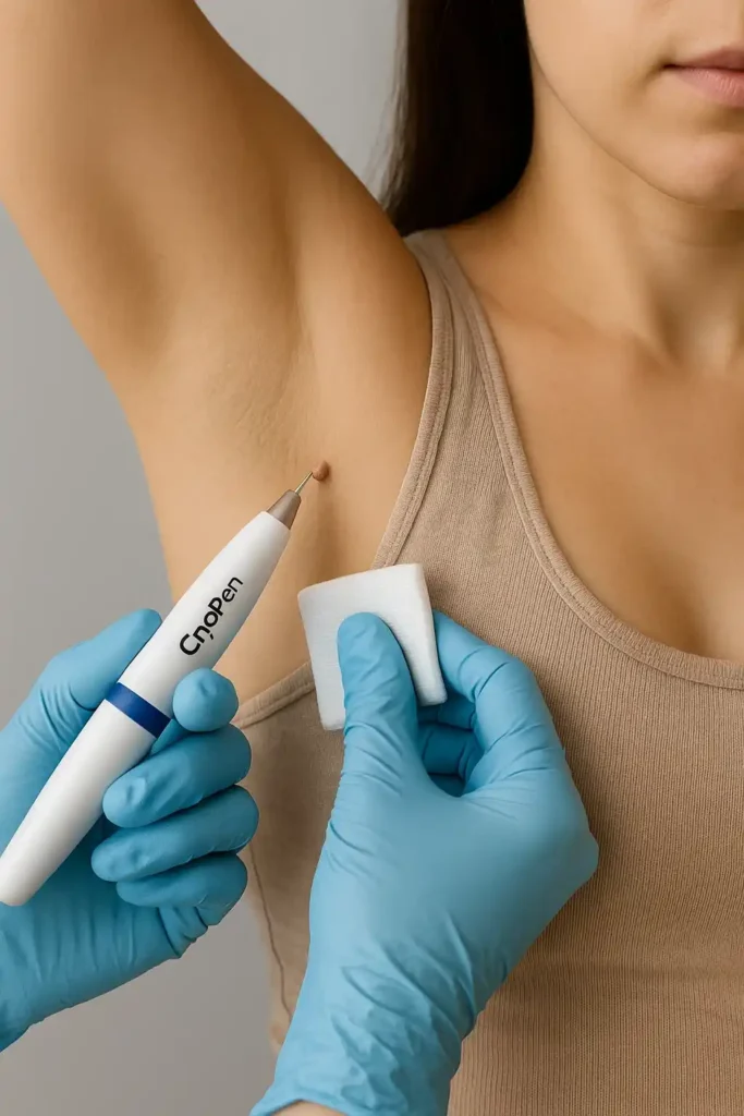 woman having cryopen to remove underarm skin tags Peterborough