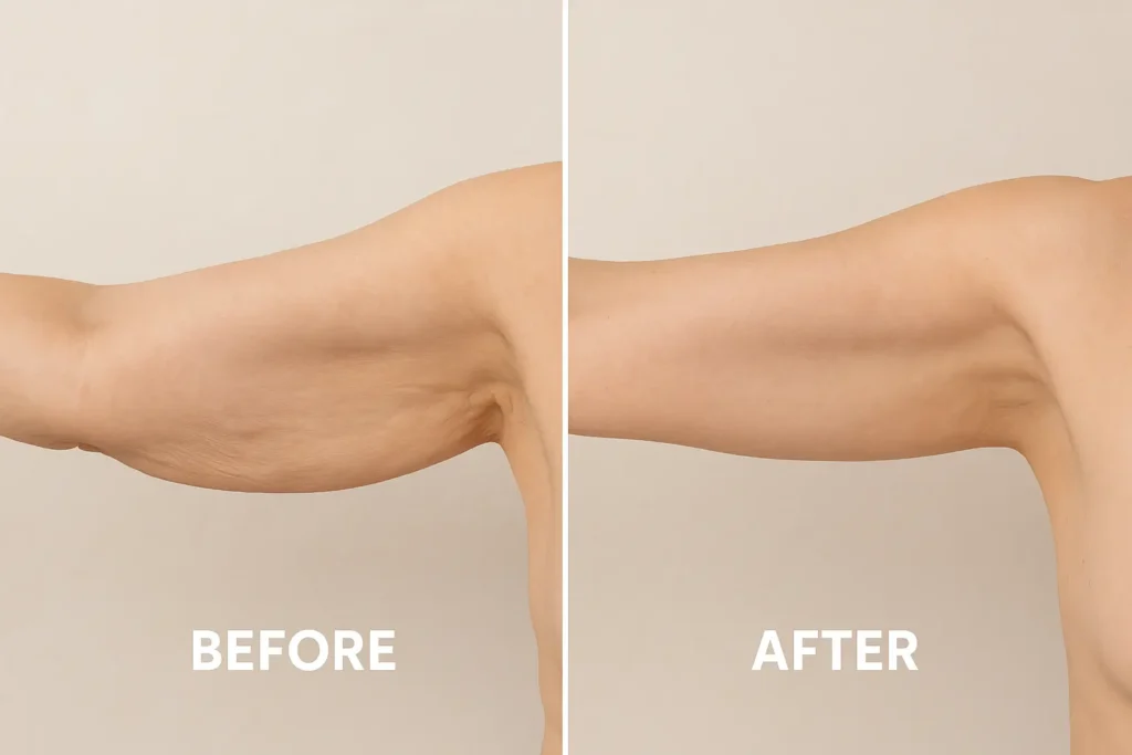 Picture of LA LIPO Peterborough before and after results of skin tightening treatment on the upper arms.