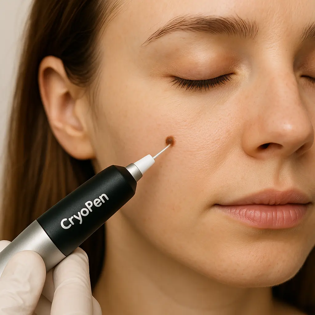 woman receiving facial mole removal Peterborough using cryopen