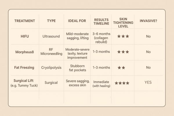 Table showing the comparisons of Skin tightening Peterborough treatment options.
